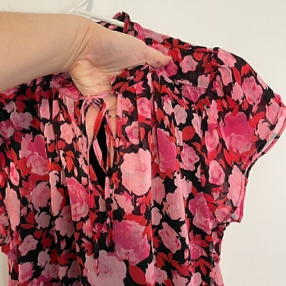 TAMARA H. Short Sleeve Double Ruffle V-Neck Chiffon Blouse Black Pink Red Floral - Picture 6 of 14